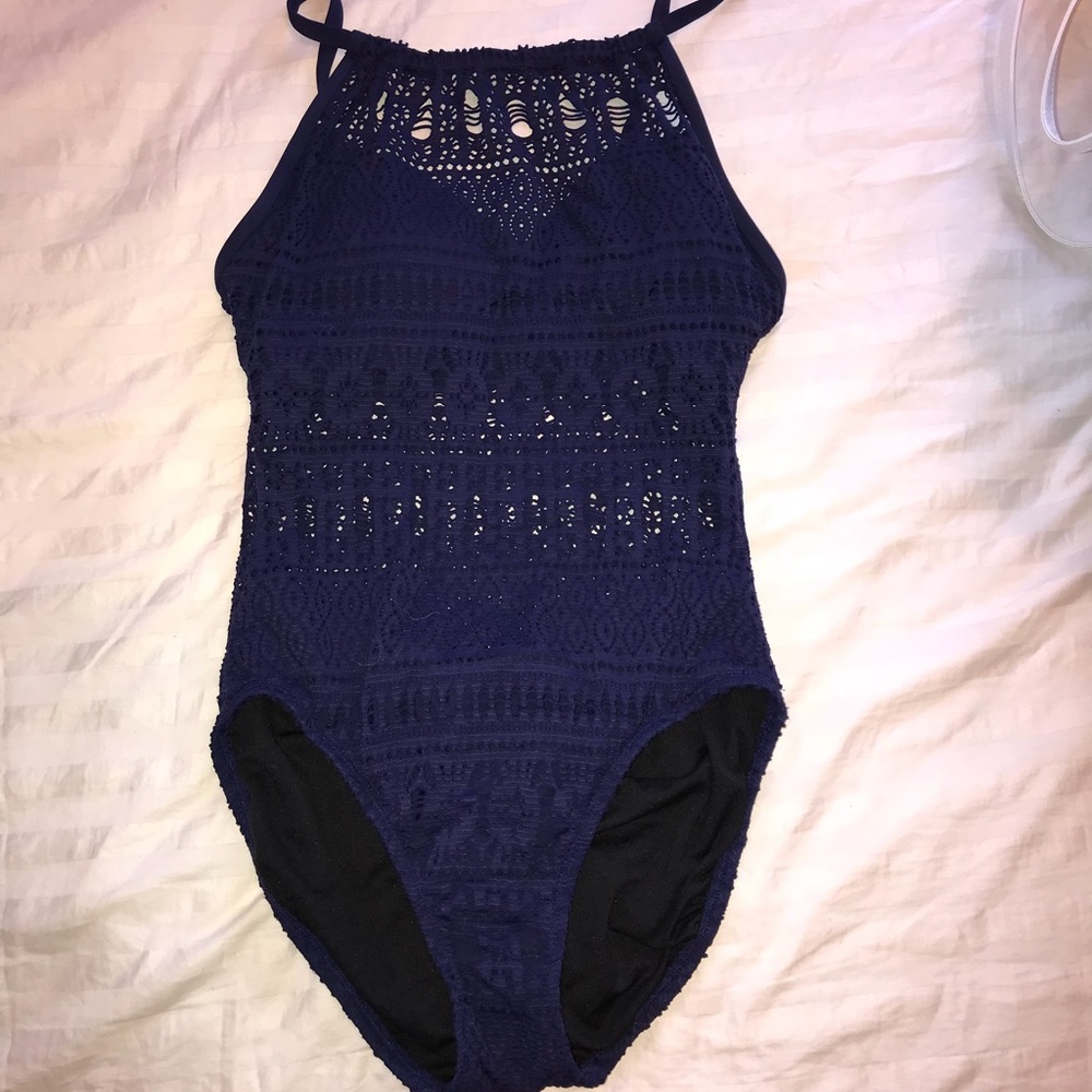 Navy Blue Crochet High Neck One Piece Swim Suit